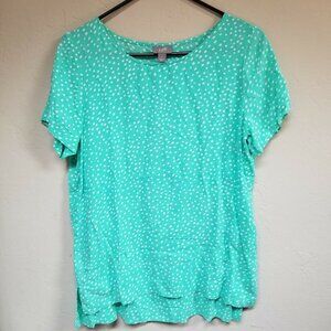J. Jill Women's Modal Green White Polka Dot Blouse Small Short Sleeve High-Low